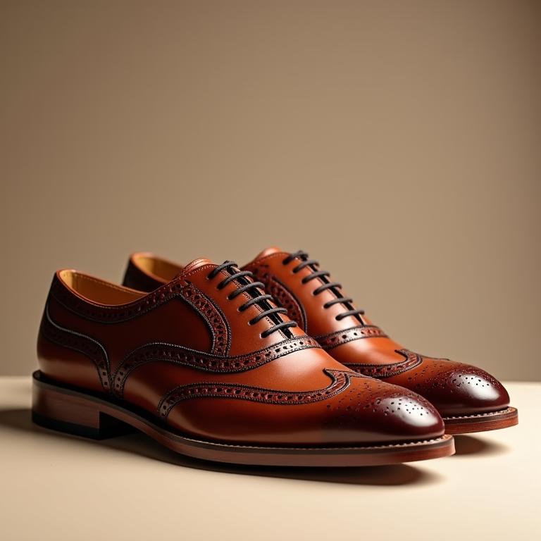 A pair of rich brown leather wingtip brogues, showcasing detailed perforations.