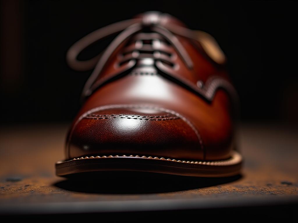A detailed close-up of a handcrafted men's leather oxford shoe, showcasing the fine stitching and rich patina of the leather.