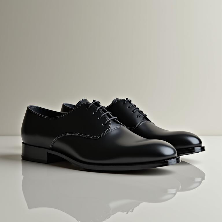 A pair of classic black leather oxford shoes on a minimalist background.