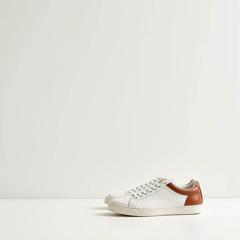 Luxury minimalist sneakers made from premium white leather with brown accents.